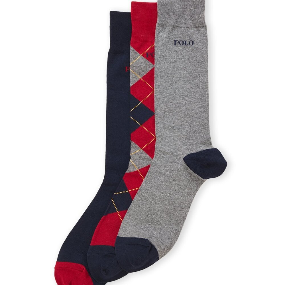 NWT Polo Ralph Lauren Men's 3 Pair Socks Argyle/Solid Multi, 10-13/6-12.5